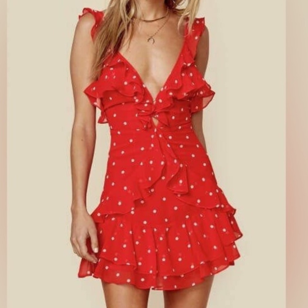 For Love & Lemons Analisa Polka Dot Mini Dress Tiered Ruffled In Red Size S